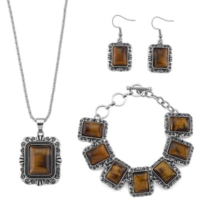 3pcs Set - Tigers Eye Earrings, Bracelet (6.50-8.0In) and Necklace (20 Inches) in Silvertone 150.00 ctw