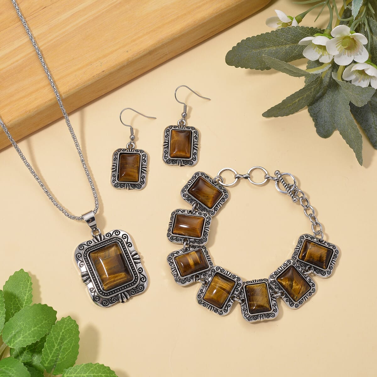 3pcs Set - Tigers Eye Earrings, Bracelet (6.50-8.0In) and Necklace (20 Inches) in Silvertone 150.00 ctw image number 1