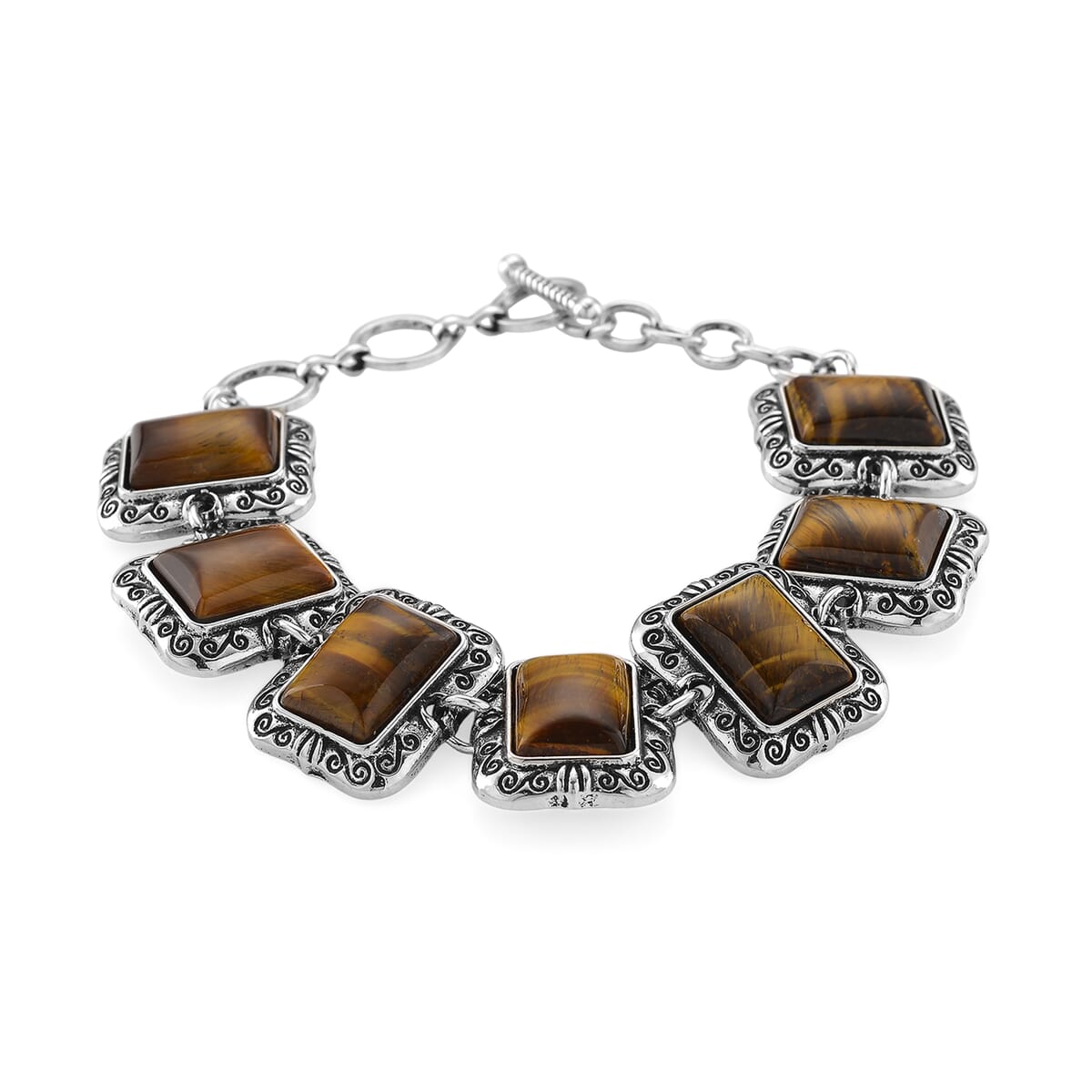 3pcs Set - Tigers Eye Earrings, Bracelet (6.50-8.0In) and Necklace (20 Inches) in Silvertone 150.00 ctw image number 6