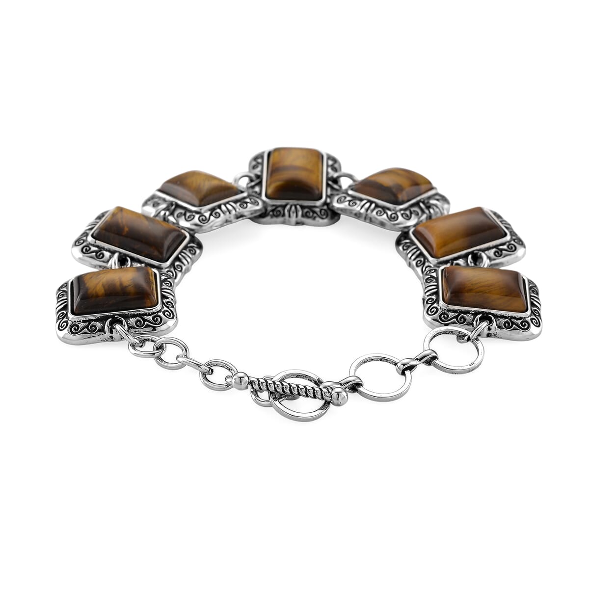 3pcs Set - Tigers Eye Earrings, Bracelet (6.50-8.0In) and Necklace (20 Inches) in Silvertone 150.00 ctw image number 7