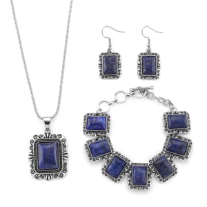 3pcs Set - Lapis Lazuli Earrings, Bracelet (6.50-8.0In) and Necklace (20 Inches) in Silvertone 150.00 ctw