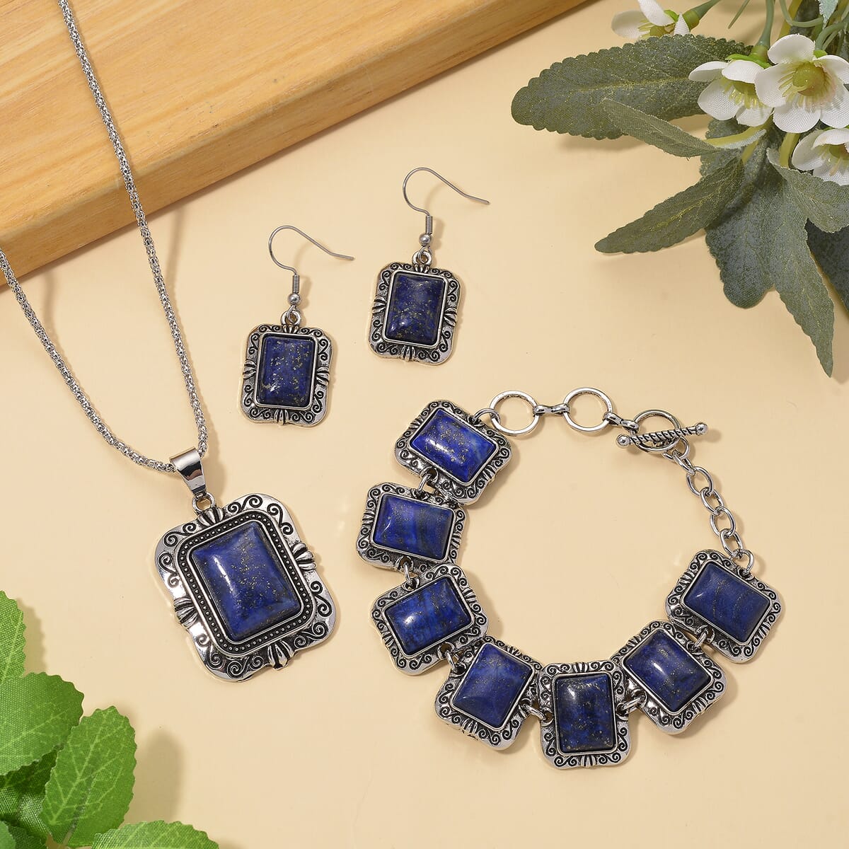 3pcs Set - Lapis Lazuli Earrings, Bracelet (6.50-8.0In) and Necklace (20 Inches) in Silvertone 150.00 ctw image number 1