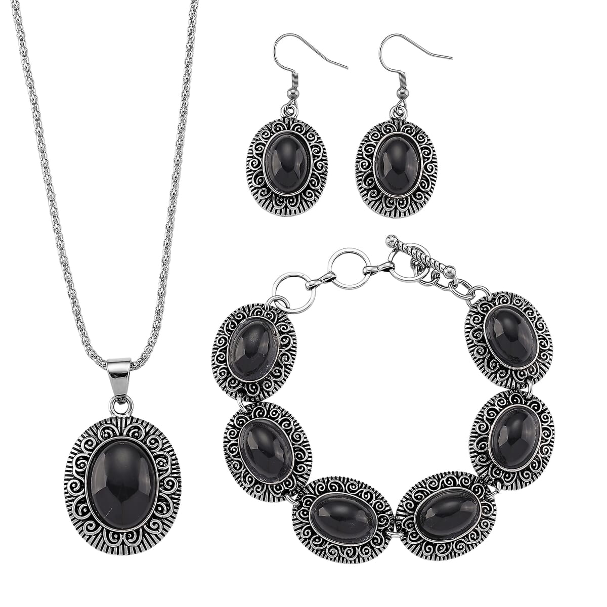 3pcs Set - Black Obsidian 150.00 ctw Earrings, Bracelet (6.50-8.0In) and Necklace 20 Inches in Silvertone image number 0