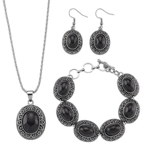 3pcs Set - Black Obsidian 150.00 ctw Earrings, Bracelet (6.50-8.0In) and Necklace 20 Inches in Silvertone