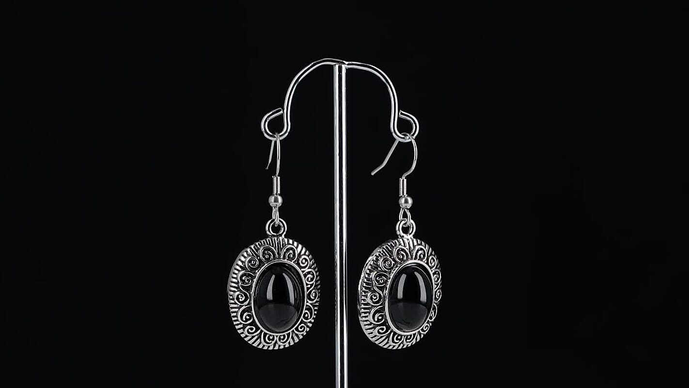3pcs Set - Black Obsidian Earrings, Bracelet (6.50-8.0In) and Necklace (20 Inches) in Silvertone 150.00 ctw