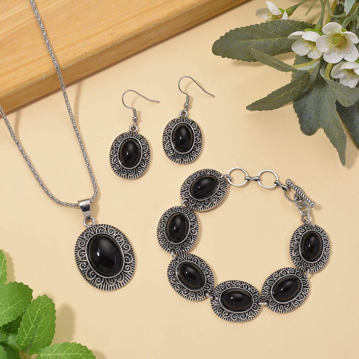 3pcs Set - Black Obsidian 150.00 ctw Earrings, Bracelet (6.50-8.0In) and Necklace 20 Inches in Silvertone image number 1