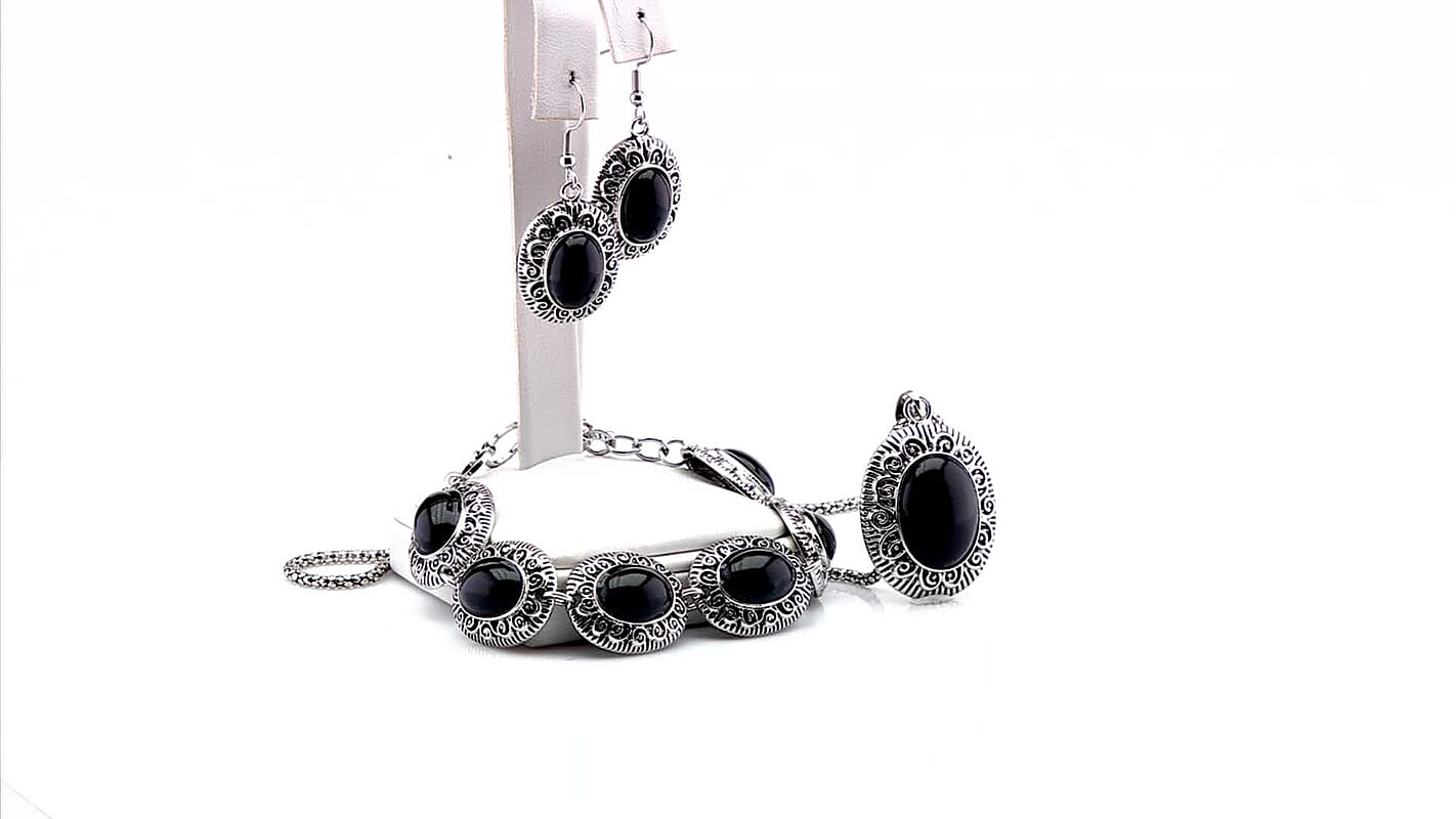 3pcs Set - Black Obsidian Earrings, Bracelet (6.50-8.0In) and Necklace (20 Inches) in Silvertone 150.00 ctw