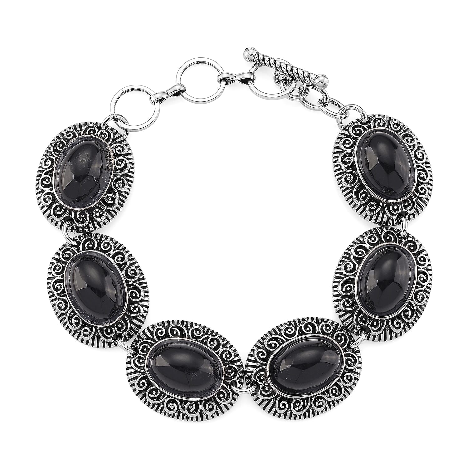3pcs Set - Black Obsidian 150.00 ctw Earrings, Bracelet (6.50-8.0In) and Necklace 20 Inches in Silvertone