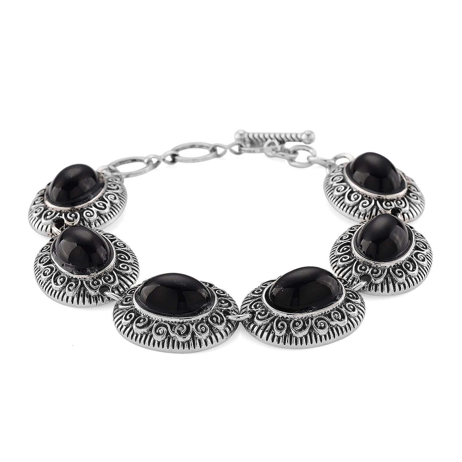 3pcs Set - Black Obsidian 150.00 ctw Earrings, Bracelet (6.50-8.0In) and Necklace 20 Inches in Silvertone