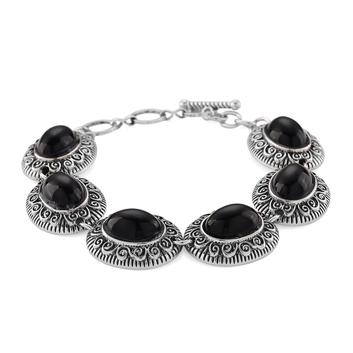 3pcs Set - Black Obsidian 150.00 ctw Earrings, Bracelet (6.50-8.0In) and Necklace 20 Inches in Silvertone image number 7