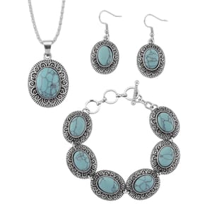 3pcs Set - Blue Howlite 150.00 ctw Earrings, Bracelet (6.50-8.0In) and Necklace 20 Inches in Silvertone