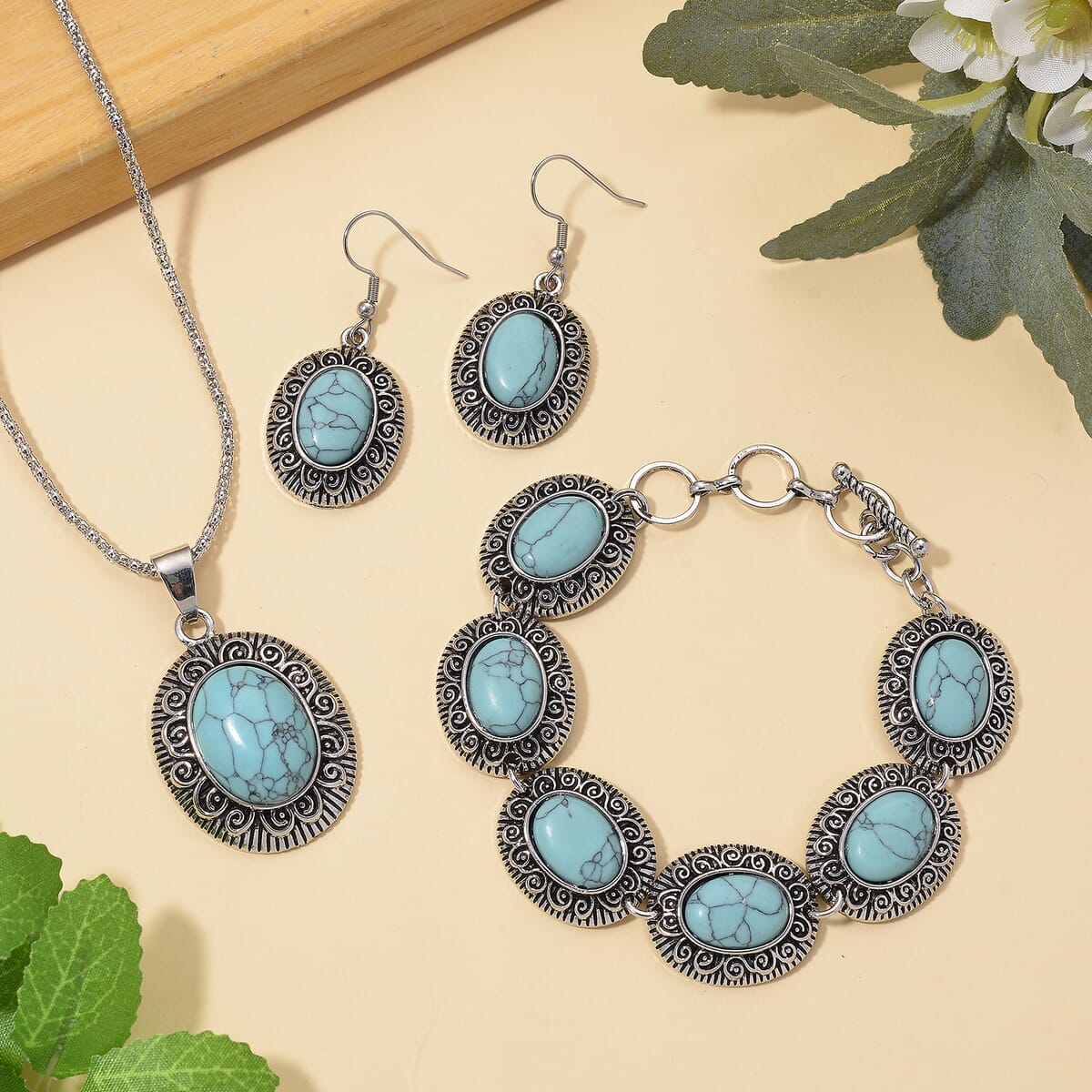3pcs Set - Blue Howlite 150.00 ctw Earrings, Bracelet (6.50-8.0In) and Necklace 20 Inches in Silvertone image number 1
