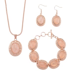 3pcs Set - Galilea Rose Quartz 150.00 ctw Earrings, Bracelet (6.50-8.0In) and Necklace 20 Inches in Rosetone