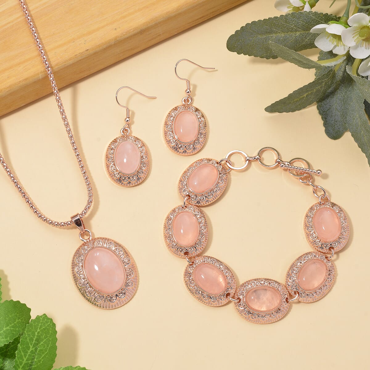 3pcs Set - Galilea Rose Quartz 150.00 ctw Earrings, Bracelet (6.50-8.0In) and Necklace 20 Inches in Rosetone image number 1