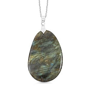 Hand-Polished Labradorite 88.00 ctw Pendant in Silvertone with Stainless Steel Necklace (20 Inches)