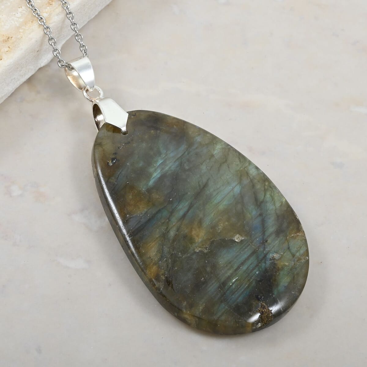 Hand-Polished Labradorite 88.00 ctw Pendant in Silvertone with Stainless Steel Necklace (20 Inches) image number 1