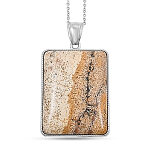 Rectangle Picture Jasper 87.00 ctw Pendant in Silvertone with Stainless Steel Necklace 20 Inches