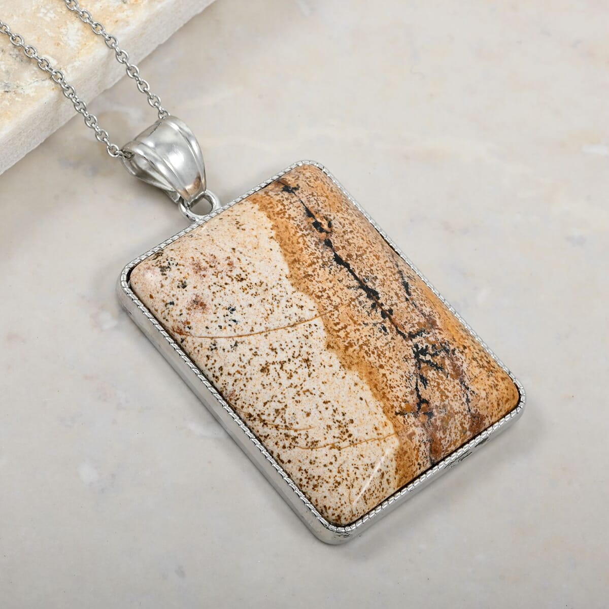 Rectangle Picture Jasper 87.00 ctw Pendant in Silvertone with Stainless Steel Necklace 20 Inches image number 1