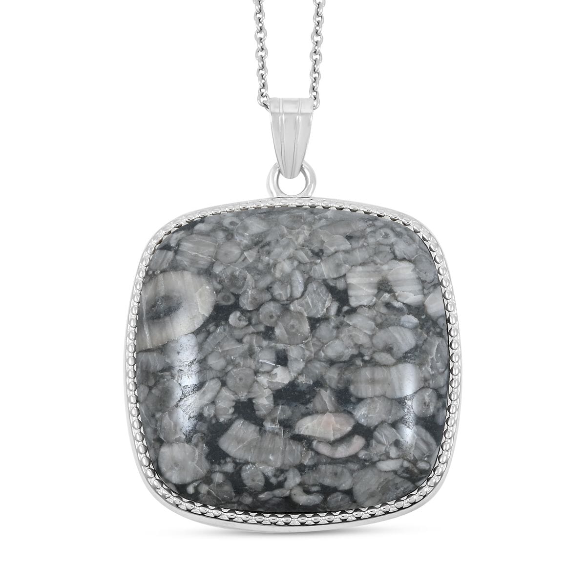 Hand-Polished Classic Square Insect Fossil Jasper 69.00 ctw Pendant in Silvertone with Stainless Steel Necklace (20 Inches) image number 0
