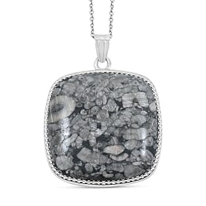 Hand-Polished Classic Square Insect Fossil Jasper 69.00 ctw Pendant in Silvertone with Stainless Steel Necklace (20 Inches)