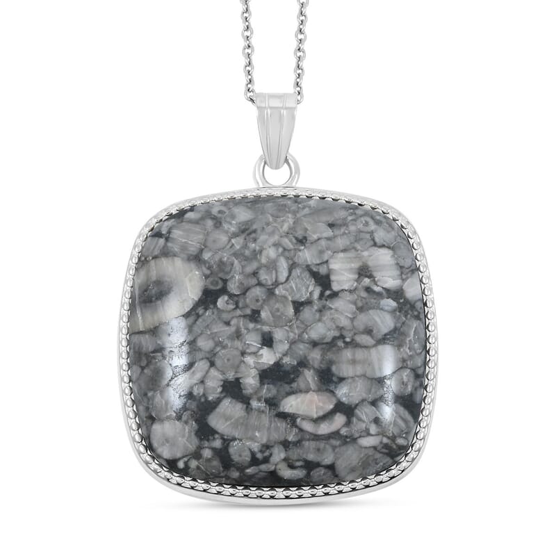 Hand-Polished Classic Square Insect Fossil Jasper 69.00 ctw Pendant in Silvertone with Stainless Steel Necklace (20 Inches)