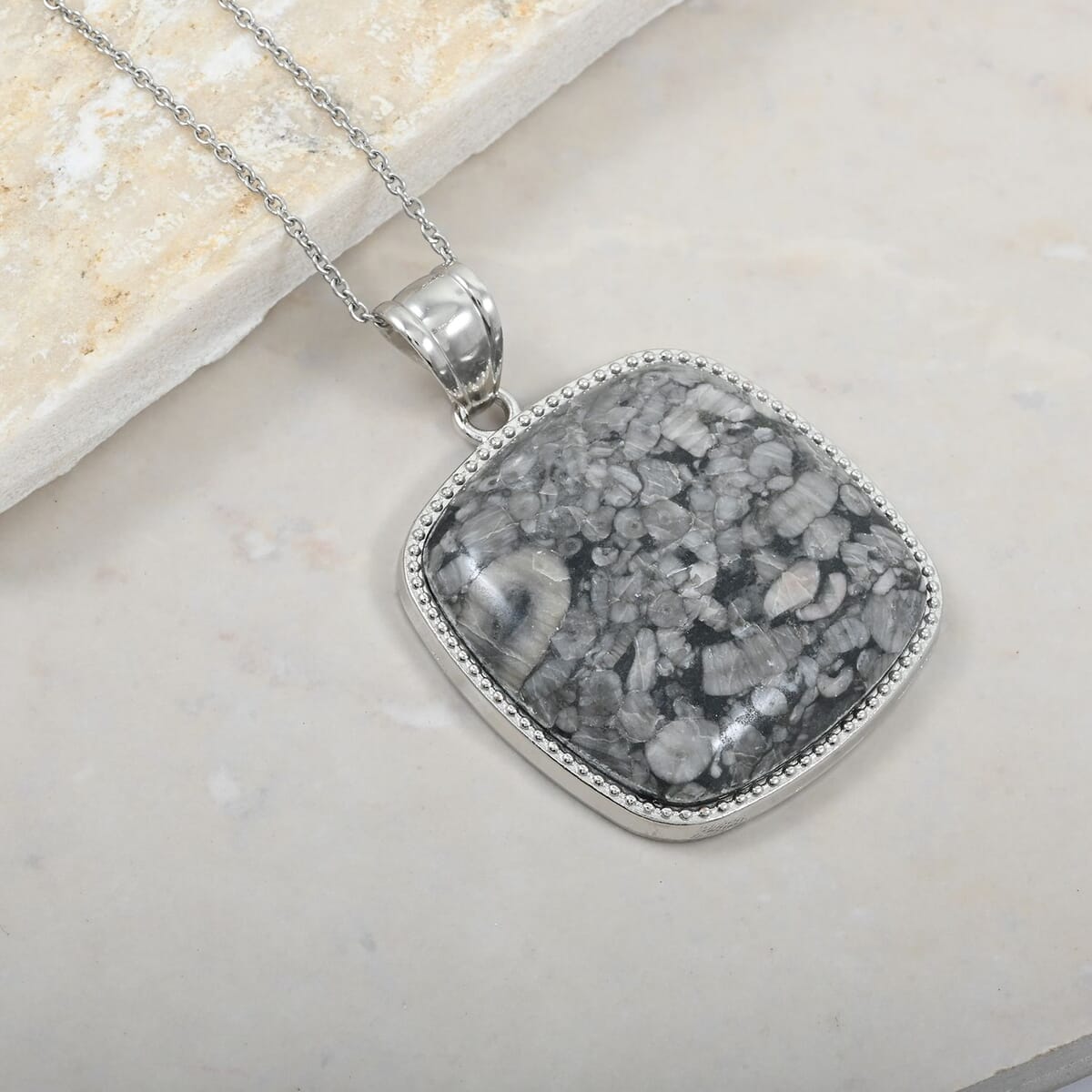 Hand-Polished Classic Square Insect Fossil Jasper 69.00 ctw Pendant in Silvertone with Stainless Steel Necklace (20 Inches) image number 1