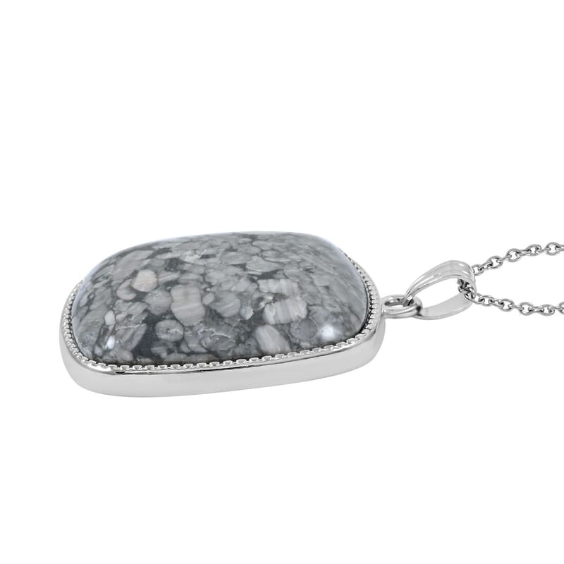 Hand-Polished Classic Square Insect Fossil Jasper 69.00 ctw Pendant in Silvertone with Stainless Steel Necklace (20 Inches)
