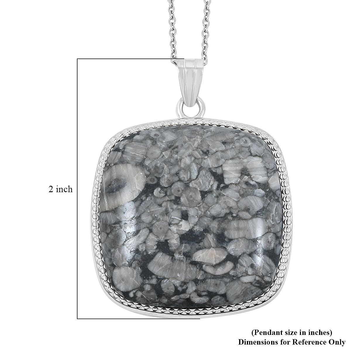 Hand-Polished Classic Square Insect Fossil Jasper 69.00 ctw Pendant in Silvertone with Stainless Steel Necklace (20 Inches)