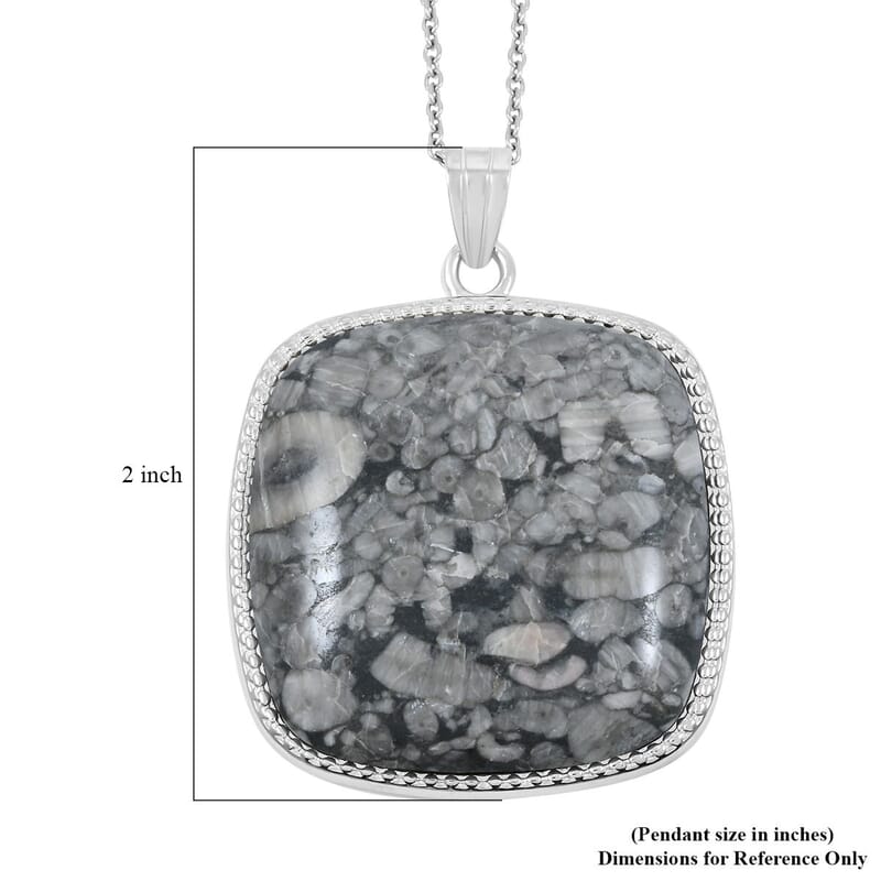 Hand-Polished Classic Square Insect Fossil Jasper 69.00 ctw Pendant in Silvertone with Stainless Steel Necklace (20 Inches)