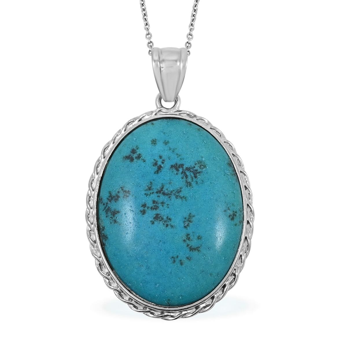 Classic Oval Africa Turquoise Jasper 50.00 ctw Pendant in Silvertone with Stainless Steel Necklace (20 Inches) image number 0