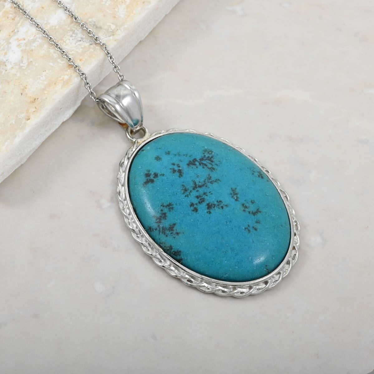 Classic Oval Africa Turquoise Jasper 50.00 ctw Pendant in Silvertone with Stainless Steel Necklace (20 Inches) image number 1