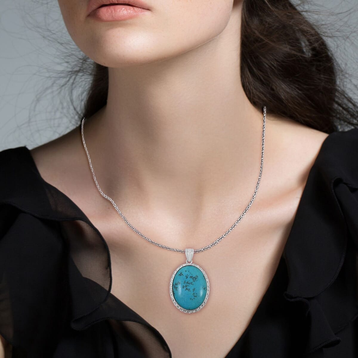 Classic Oval Africa Turquoise Jasper 50.00 ctw Pendant in Silvertone with Stainless Steel Necklace (20 Inches) image number 2