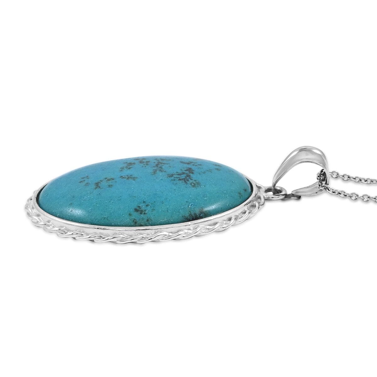 Classic Oval Africa Turquoise Jasper 50.00 ctw Pendant in Silvertone with Stainless Steel Necklace (20 Inches) image number 3
