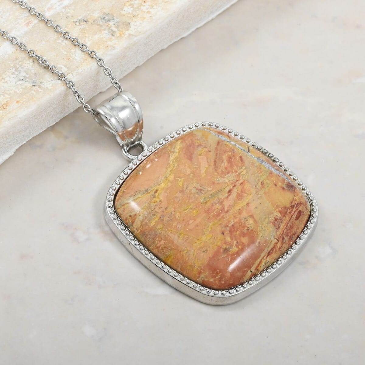Inlay Frame Square Rainbow Picasso 63.50 ctw Stone Pendant in Silvertone with Stainless Steel Necklace (20 Inches) image number 1