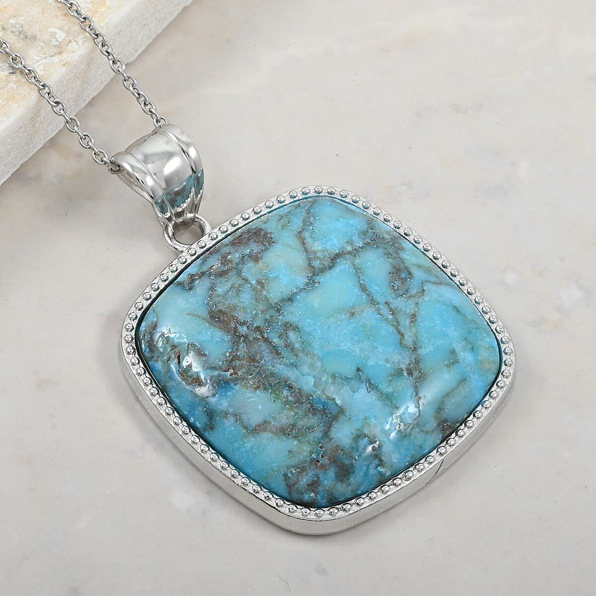 Inlay Frame Square Turquoise 59.00 ctw Stone Pendant in Silvertone with Stainless Steel Necklace (20 Inches) image number 1