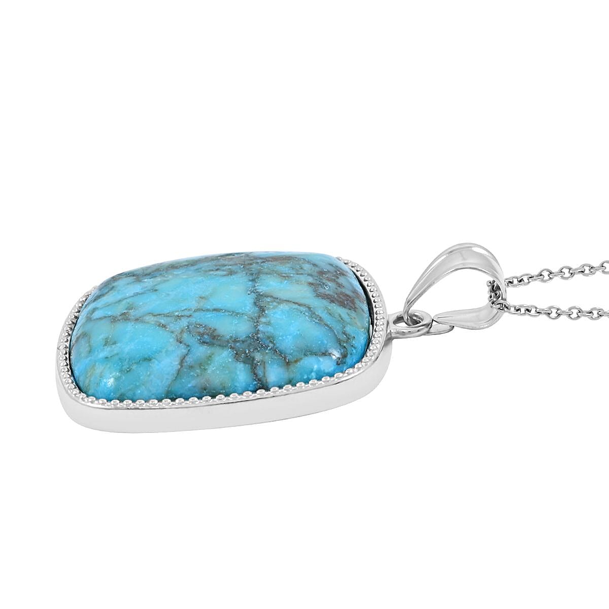 Inlay Frame Square Turquoise 59.00 ctw Stone Pendant in Silvertone with Stainless Steel Necklace (20 Inches) image number 3