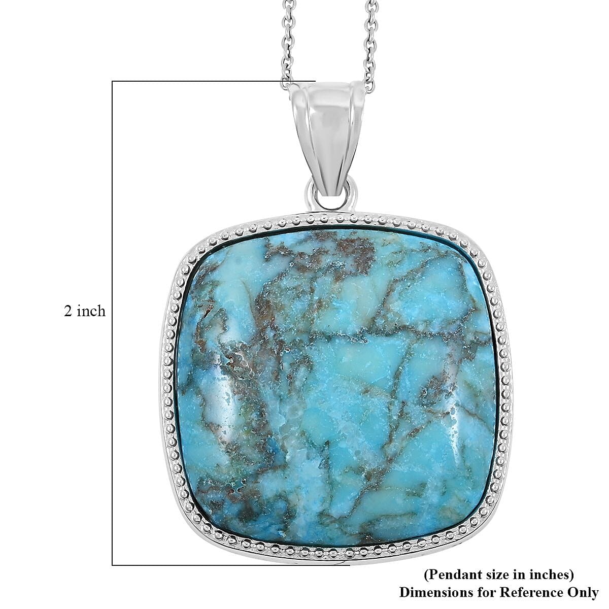 Inlay Frame Square Turquoise 59.00 ctw Stone Pendant in Silvertone with Stainless Steel Necklace (20 Inches) image number 5
