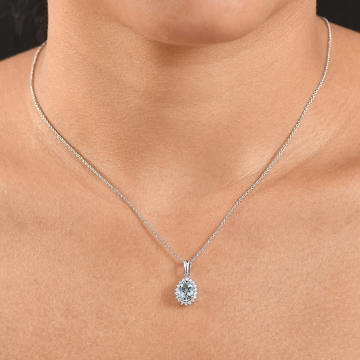 Certified & Appraised Luxoro AAA Santa Maria Aquamarine and G-H I2 Diamond 1.17 ctw Pendant Necklace in 14K White Gold 20 Inches image number 2