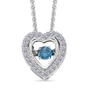Luxuriant Lab Grown Blue and White Diamond SI 0.25 ctw Dancing Heart Pendant Necklace in Rhodium Over Sterling Silver 20 Inches