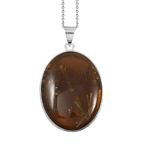 Flower Smoky Quartz 59.00 ctw Glass Oval Pendant in Silvertone with Stainless Steel Necklace (20 Inches)