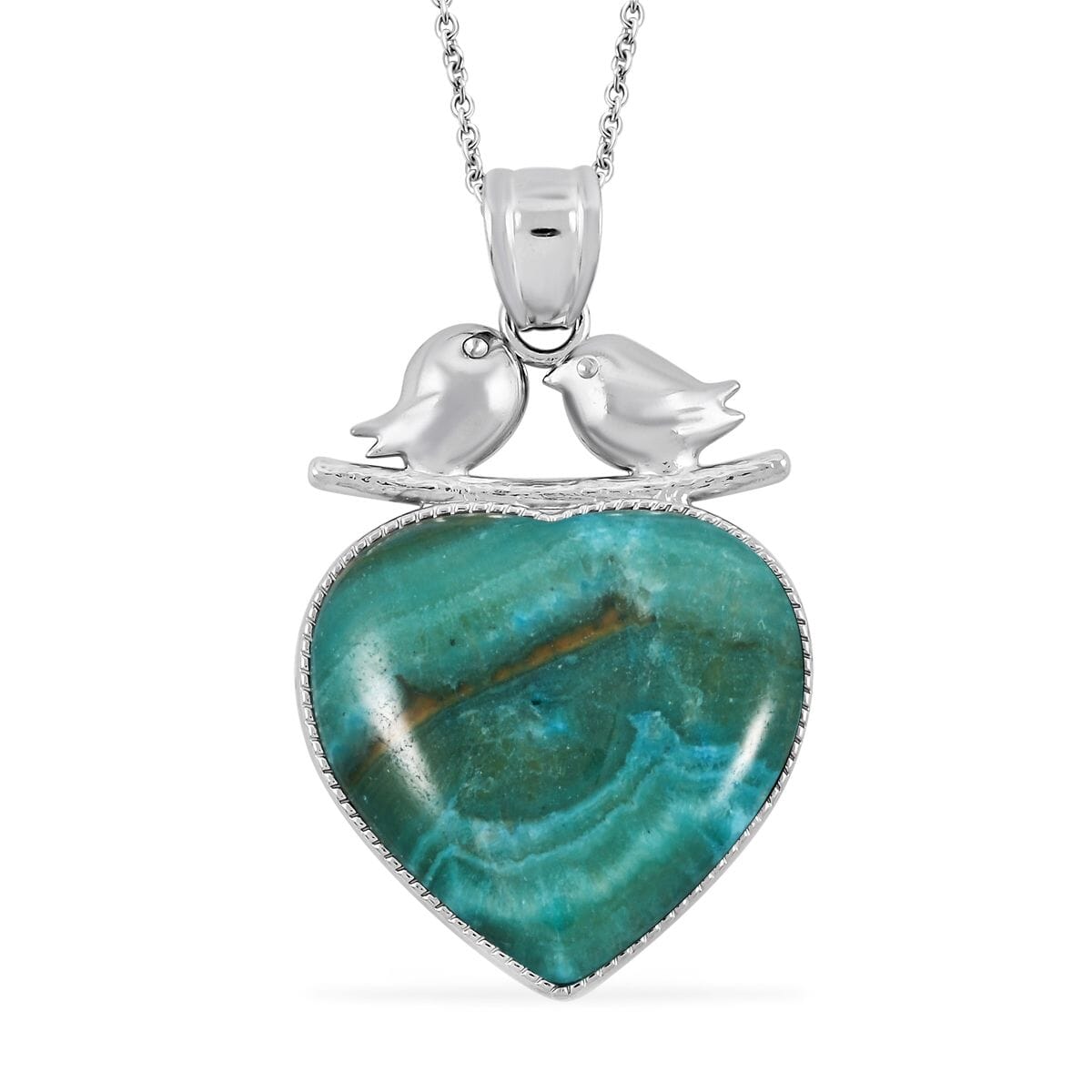 Inlay Heart Love-Bird Chinese Blue Rhodochrosite 48.00 ctw Pendant in Silvertone with Stainless Steel Necklace (20 Inches) image number 0