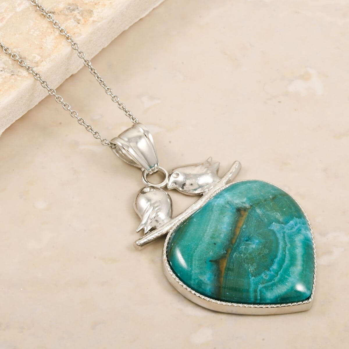 Inlay Heart Love-Bird Chinese Blue Rhodochrosite 48.00 ctw Pendant in Silvertone with Stainless Steel Necklace (20 Inches) image number 1