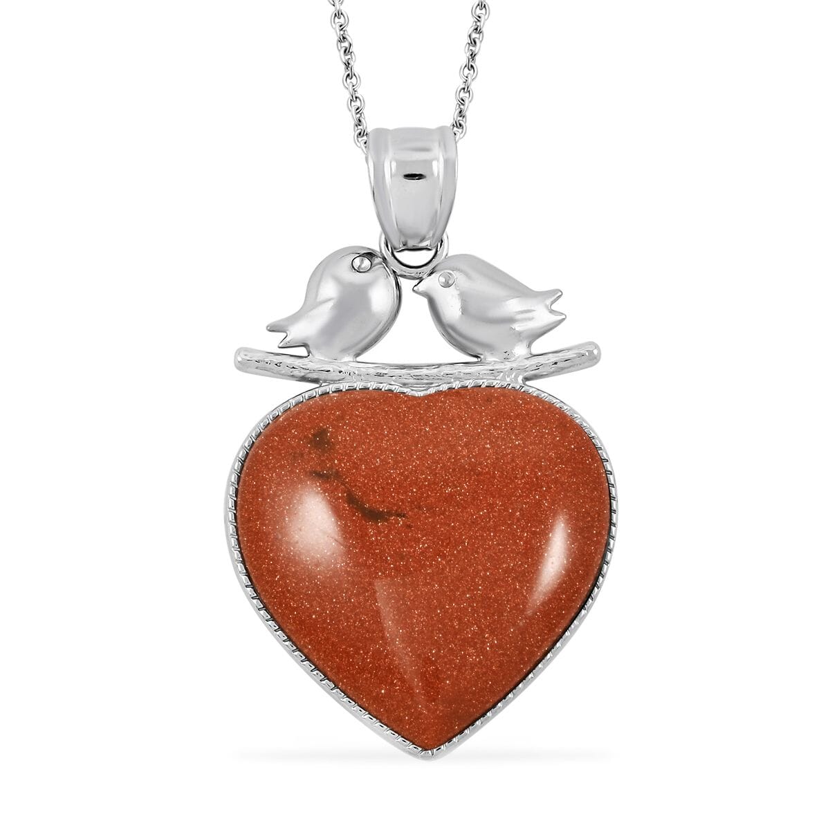 Inlay Heart Frame Love-Bird Brown Goldstone 48.00 ctw Pendant in Silvertone with Stainless Steel Necklace (20 Inches) image number 0