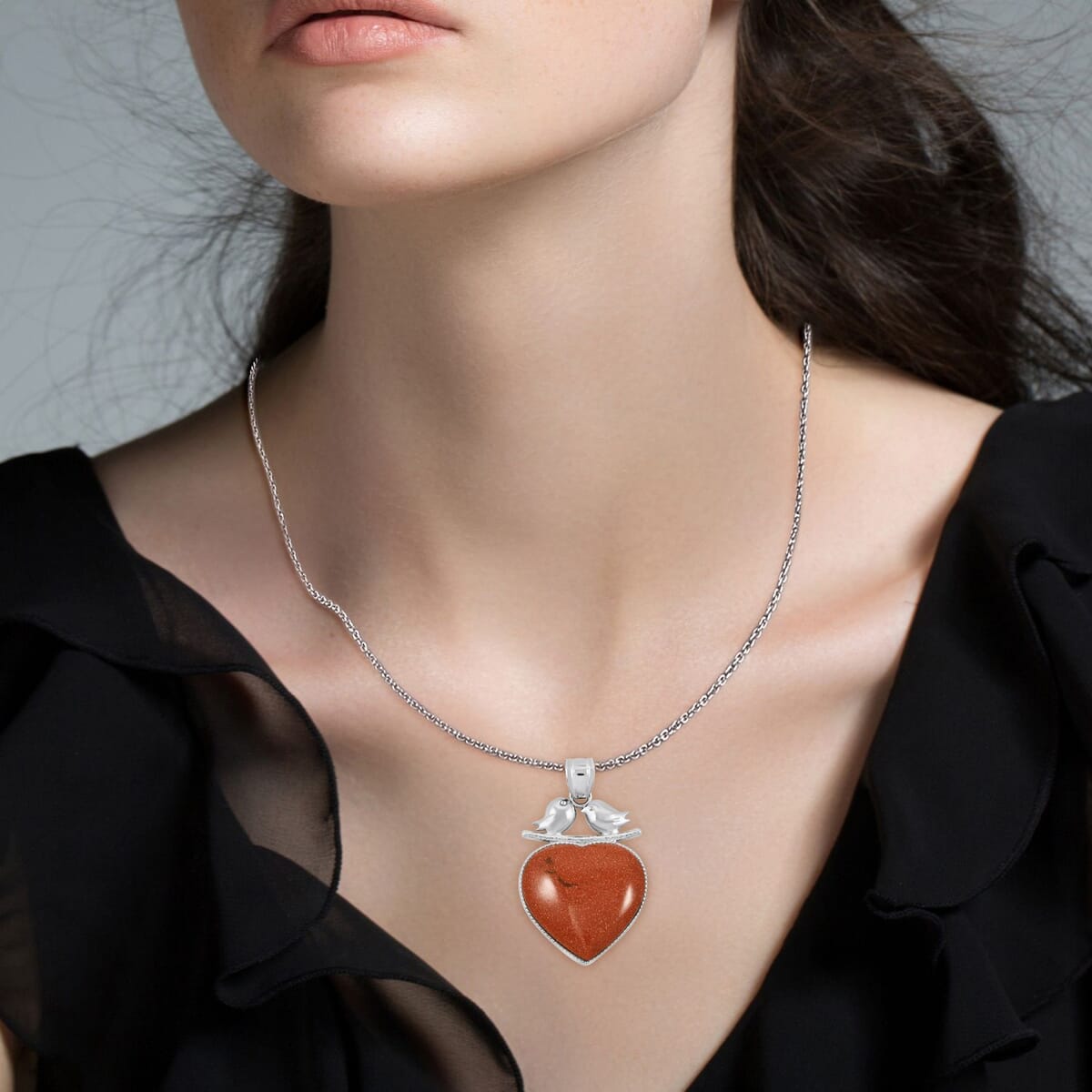 Inlay Heart Frame Love-Bird Brown Goldstone 48.00 ctw Pendant in Silvertone with Stainless Steel Necklace (20 Inches) image number 2