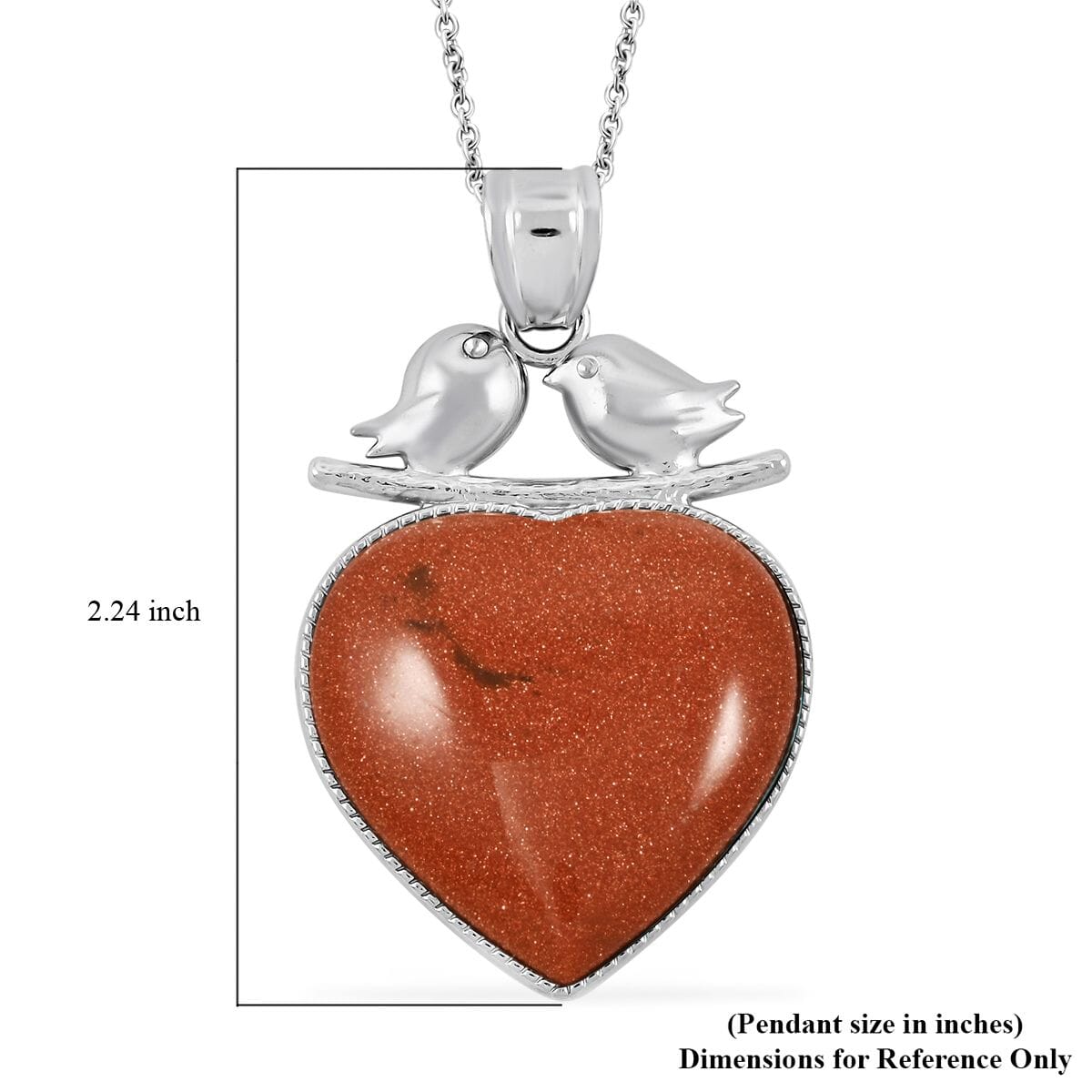 Inlay Heart Frame Love-Bird Brown Goldstone 48.00 ctw Pendant in Silvertone with Stainless Steel Necklace (20 Inches) image number 5