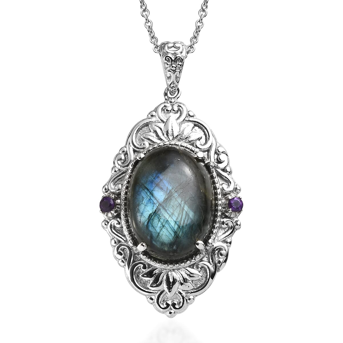 Ever True Malagasy Labradorite and African Amethyst 15.40 ctw Pendant Necklace 20 Inches in Stainless Steel image number 0