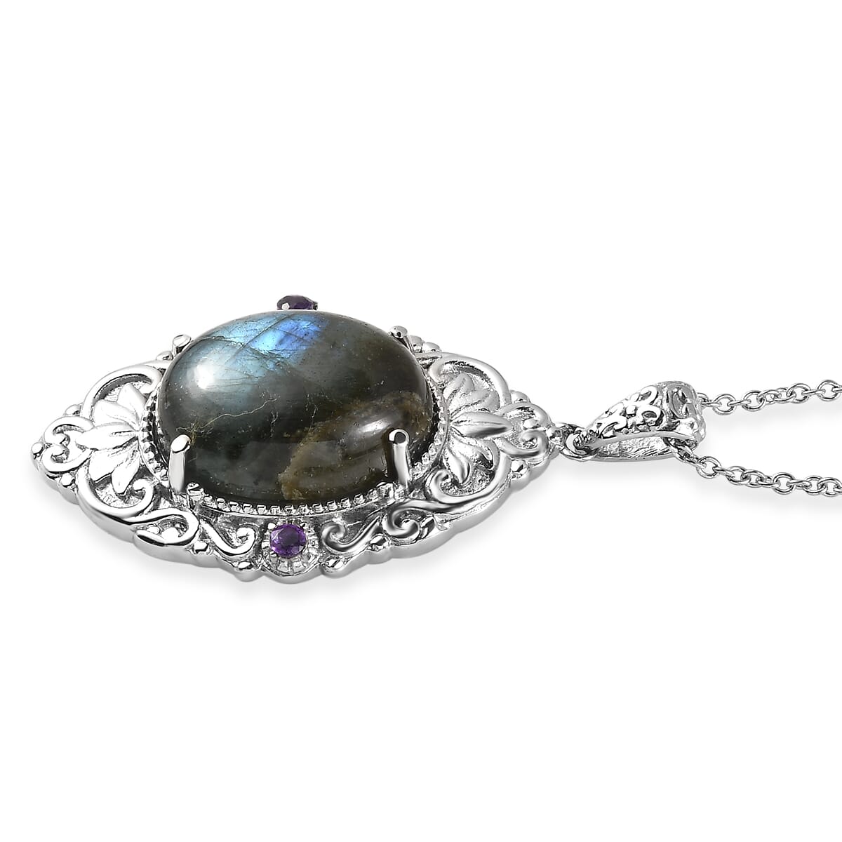 Ever True Malagasy Labradorite and African Amethyst 15.40 ctw Pendant Necklace 20 Inches in Stainless Steel image number 3