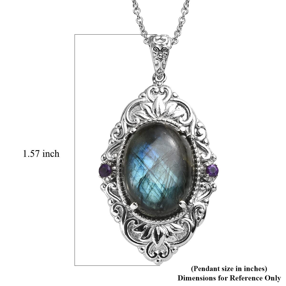 Ever True Malagasy Labradorite and African Amethyst 15.40 ctw Pendant Necklace 20 Inches in Stainless Steel image number 5