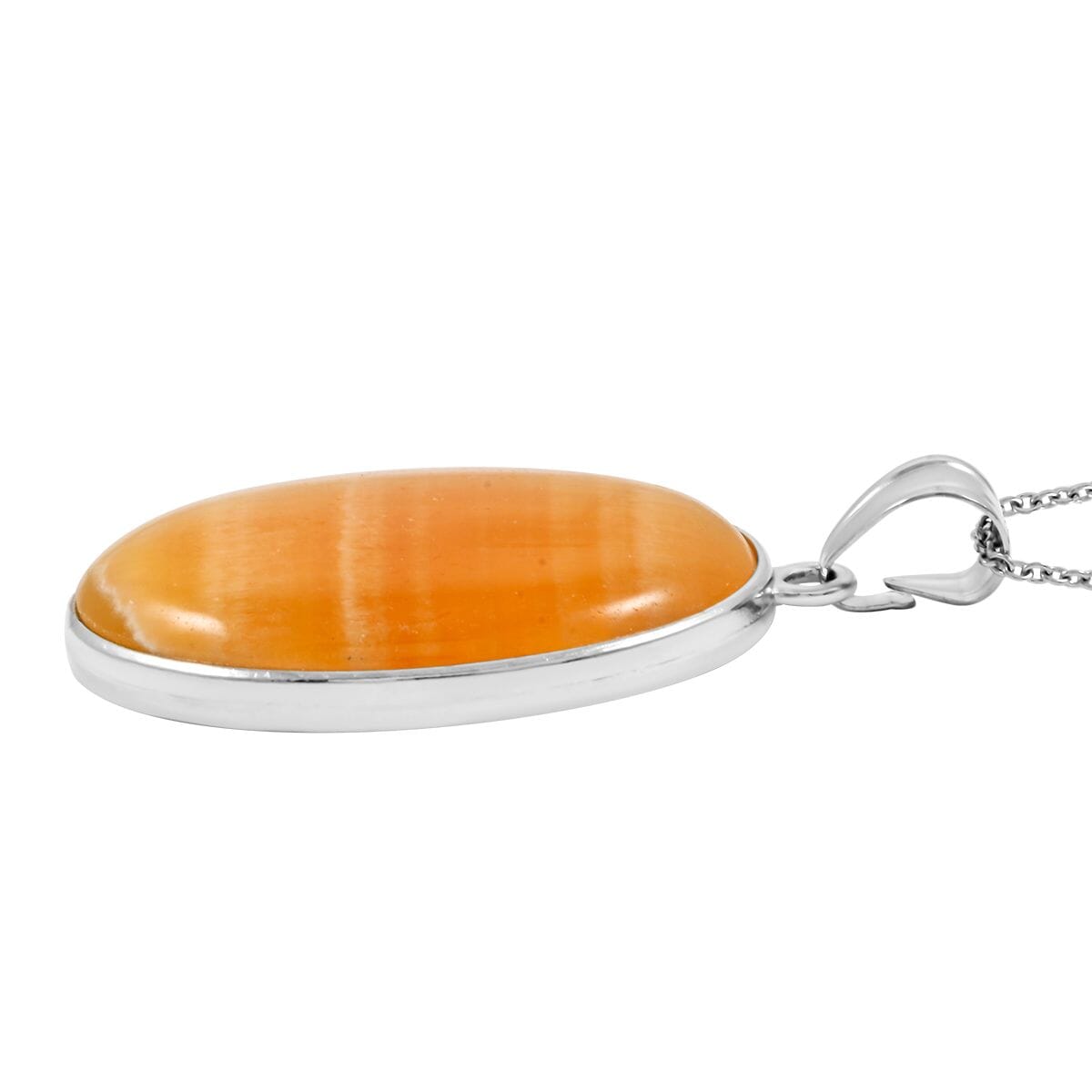 Inlay Frame Oval Golden Imperial Calcite 60.00 Pendant in Silvertone with Stainless Steel Necklace (20 Inches) image number 3