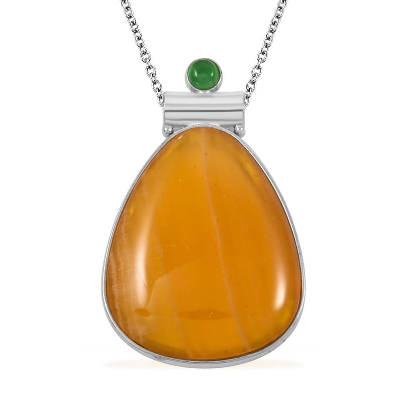 Center Stone Color Varies Inlay Frame Freeform Golden Imperial Calcite 61.00 ctw Pendant in Silvertone with Stainless Steel Necklace (20 Inches)